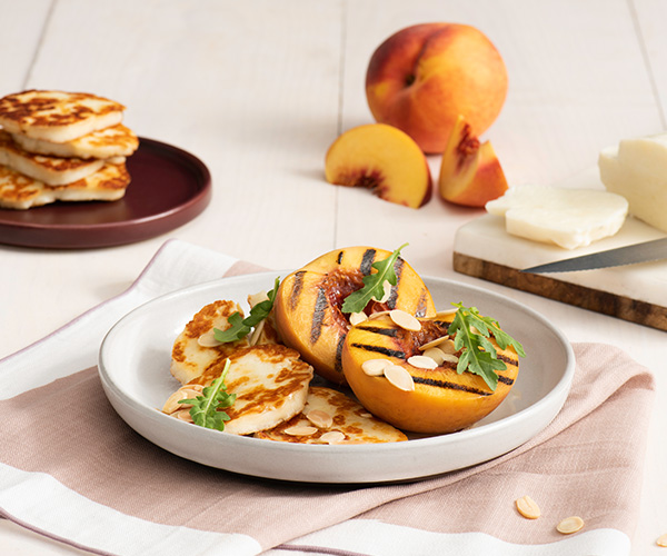 Photo of - Crispy Halloumi with Champagne Syrup and Grilled Peaches